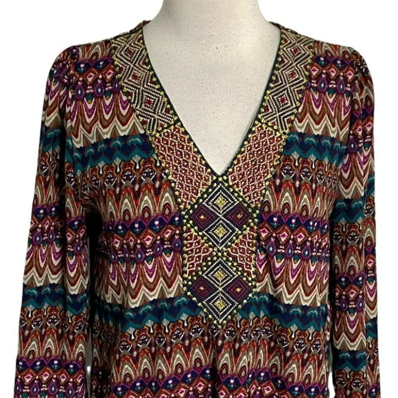 Miami S multicolor bohemian print long sleeve dress with beaded V-neck - Picture 2 of 6